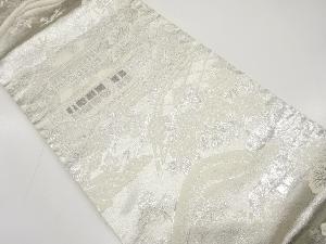 プラチナ銀箔二重織　寺院風景模様織り出し　袋帯